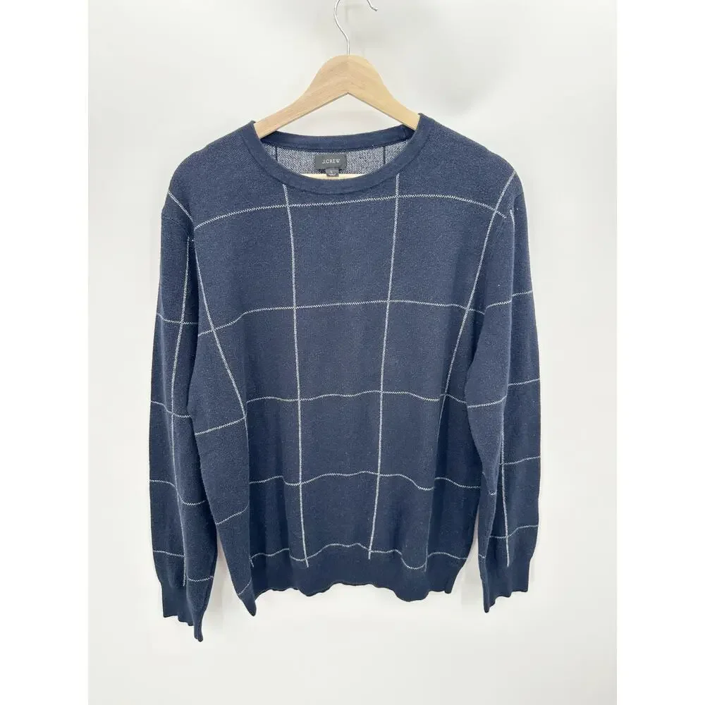 J. Crew‎ Mens Blue Cotton Cashmere Windowpane Birdseye Crewneck Sweater J3204 L